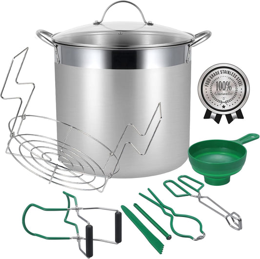 HOMKULA Water Bath Canning Pot with Rack and Lid, Steam Canner with Canning Supplies Starter Kit, 9 Pieces, Stainless Steel, Green (Induction/Glass Top Stove Compatible)